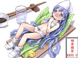  bad_id bad_pixiv_id blue_eyes blue_hair blush bow bow_panties bowl camisole camisole_lift chopsticks clothes_lift embarrassed female food glass hat highres ikamusume long_hair lying mini_person minigirl on_back open_mouth panties plate sakuraba_hikaru_(loveindog) salad sauce shinryaku!_ikamusume shirt_grab socks solo tears tentacle_hair translated undershirt underwear underwear_only white_panties 