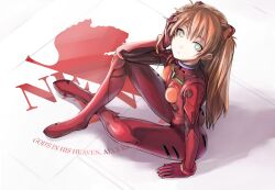  arm_support blue_eyes bodysuit brown_hair commentary_request female from_above green_eyes hair_ornament hand_on_own_face long_hair looking_at_viewer looking_up neon_genesis_evangelion nerv orange_hair partial_commentary photoshop_(medium) plugsuit rebuild_of_evangelion sitting solo souryuu_asuka_langley tea_(nakenashi) 