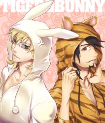  2boys anger_vein animal_costume animal_print barnaby_brooks_jr. blonde_hair brown_eyes brown_hair commentary_request facial_hair glasses green_eyes hood kaburagi_t._kotetsu male_focus multiple_boys p-kana rabbit_costume stubble tiger_&amp;_bunny tiger_costume tiger_print 