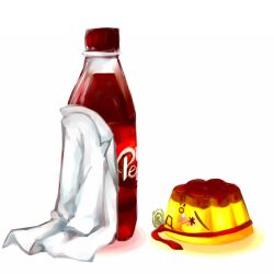  blush bottle commentary_request dr_pepper food food_focus food_with_face foodification lab_coat makise_kurisu necktie no_humans objectification okabe_rintarou piku pudding simple_background soda steins;gate white_background 