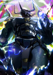  abs absurd_res anthro armor bandai_namco bikini bikini_bottom bikini_thong black_body blackwargreymon body_armor breastplate clothing crrispy_shark digimon digimon_(species) headgear helmet hi_res looking_down low-angle_view male muscular muscular_anthro muscular_male pecs solo swimwear thong underwear 