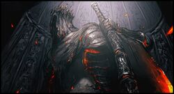  1other absurdres ambiguous_gender armor breastplate cleaver cloak commentary crown dark_souls_(series) dark_souls_iii embers facing_away from_below gauntlets giant helmet highres holding holding_weapon ibuo_(ibukht1015) solo sword torn_cloak torn_clothes weapon yhorm&#039;s_great_machete_(weapon) yhorm_the_giant 