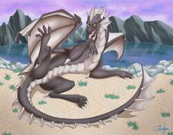  absurd_res adrim claws comb dragon european_mythology feral gle_(character) hi_res lake male mounth mythological_creature mythological_scalie mythology plates_(disambiguation) rock scalie solo tail tongue water western_dragon 