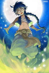  1boy 2r-_(pixiv8168114) aladdin_(magi) baggy_pants blue_eyes blue_hair braid chest_sarashi clothes_around_waist cropped_shirt floating full_moon highres jacket jacket_around_waist long_hair magi_the_labyrinth_of_magic male_focus moon navel open_clothes open_shirt outstretched_arms pants sarashi single_braid skinny sleeveless solo sparkling_eyes spread_arms stomach 