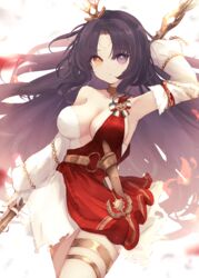  absurdres armpits asymmetrical_dress azur_lane black_hair breasts center_opening cowboy_shot detached_sleeves dress female heterochromia highres holding holding_polearm holding_weapon long_hair medium_breasts polearm polearm_behind_back purple_eyes red_dress reizouko roma_(azur_lane) short_dress simple_background solo thigh_strap very_long_hair weapon white_background white_dress yellow_eyes 