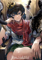  absurdres annotated black_panther blouse bracelet brown_eyes brown_hair caesar_(girls_und_panzer) card chess_piece commentary crossed_legs crown female girls_und_panzer green_skirt head_tilt headband highres holding_chess_piece jewelry king_(chess) king_(playing_card) king_of_spades knife latin_text looking_at_viewer miniskirt neckerchief ooarai_school_uniform oshiri_seijin pawn_(chess) playing_card red_scarf red_scrunchie scarf school_uniform scrunchie serafuku shirt short_hair sitting skirt solo throne tilted_headwear translated white_shirt yellow_headband 