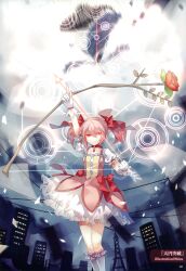  absurdres arm_up arrow_(projectile) bow_(weapon) bubble_skirt building dhiea female flower gloves highres kaname_madoka kaname_madoka_(magical_girl) magical_girl mahou_shoujo_madoka_magica mahou_shoujo_madoka_magica_(anime) pink_eyes pink_hair rose short_hair skirt solo twintails walpurgisnacht_(madoka_magica) weapon white_gloves 