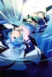  arms_up bare_shoulders blonde_hair blue_eyes cape female gloves hanokage highres lying magical_girl mahou_shoujo_madoka_magica mahou_shoujo_madoka_magica_(anime) miki_sayaka miki_sayaka_(magical_girl) on_back scan short_hair solo thighhighs water white_gloves white_thighhighs zettai_ryouiki 