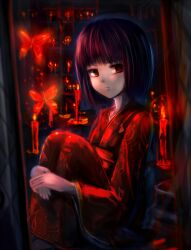  bug butterfly candle commentary_request fatal_frame fatal_frame_2 female highres japanese_clothes kimono red_eyes red_kimono sakura_ani short_hair sitting solo tachibana_chitose 