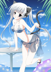  animal_ears bikini blue_eyes blue_sarong cat_ears clothes_lift commentary_request female innertube long_hair original outdoors sandals sarong sarong_lift see-through see-through_sarong solo swim_ring swimsuit table tail twintails white_hair yuzuno_ha 