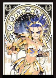  angry armor bikini_armor blue_eyes blue_hair breasts cancer_(symbol) cancer_(zodiac) cancer_death_mask cleavage clenched_hand clenched_teeth female future_studio_(artist) gemini_(symbol) genderswap_(mtf) gold_armor gold_saint grin helm helmet leo_(symbol) libra_(symbol) medium_breasts midriff mu_fengchun pointing rule_63 saint_seiya scorpio_(symbol) shiny short_hair skull_and_crossbones smile solo spiked_hair taurus_(symbol) teeth virgo_(symbol) zodiac zodiac_wheel 