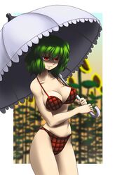  bikini breasts cleavage commentary_request female flower glowing glowing_eyes green_hair highres kazami_yuuka large_breasts light_smile parasol plaid plaid_bikini raionsan red_eyes shade shaded_face short_hair solo sunflower swimsuit touhou umbrella 