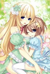  2girls :d ;d bare_shoulders blanc_(neptunia) blonde_hair blue_eyes breast_pillow breasts choker detached_sleeves flower frilled_sleeves frills hair_ornament hand_on_head long_hair looking_at_viewer medium_breasts multiple_girls neck_ribbon neptune_(series) official_art one_eye_closed open_mouth ribbon rose short_hair smile star_(symbol) star_hair_ornament thighhighs tsunako vert_(neptunia) very_long_hair white_flower white_legwear white_rose yuri 