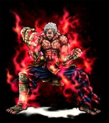  1boy angry asura&#039;s_wrath asura_(asura&#039;s_wrath) aura clenched_hand commentary_request eyebrows f-15jrs gloves highres male_focus no_pupils pants photoshop_(medium) shin_guards tattoo teeth white_hair 