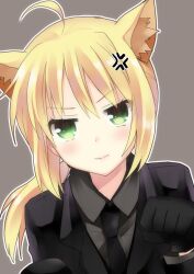  ahoge anger_vein angry animal_ears artoria_pendragon_(fate) cat_ears commentary_request fate/zero fate_(series) female gloves kemonomimi_mode kurot necktie paw_pose ponytail saber_(fate) solo 