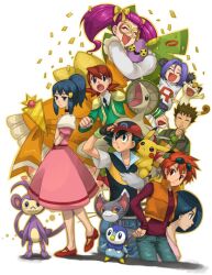  4boys 4girls adjusting_clothes adjusting_headwear ambipom backpack bag black_hair blue_eyes breloom brock_(pokemon) brown_eyes brown_hair closed_eyes confetti dawn_(contest)_(pokemon) dawn_(pokemon) denim dress dustox eyewear_on_head glameow hand_on_own_hip hat holding holding_poke_ball james_(pokemon) jessie_(pokemon) jewelry johanna_(pokemon) kenny_(pokemon) long_hair meowth multiple_boys multiple_girls necklace necktie open_mouth pikachu piplup poke_ball poke_ball_(basic) pokemon pokemon_(anime) pokemon_(creature) pokemon_dppt_(anime) ponytail purple_hair red_eyes red_hair ribbon sasairebun satoshi_(pokemon) short_hair sunglasses team_rocket team_rocket_uniform twintails vest zoey_(pokemon) 