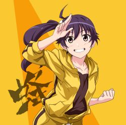  apr araragi_karen black_eyes black_hair brown_eyes commentary_request female grin hood hooded_track_jacket hoodie jacket long_hair monogatari_(series) nisemonogatari salute side_ponytail sleeves_pushed_up smile solo track_jacket 