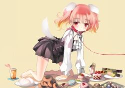  all_fours animal_collar animal_ears ascot baozi barefoot blush bondage bondage bound cake candy cherry collar commentary_request dog_ears dog_tail doughnut dress drinking_straw dumpling female food fruit fuyouchu highres inu_x_boku_ss kemonomimi_mode lollipop long_sleeves name_tag open_mouth package photoshop_(medium) pink_eyes pink_hair rope roromiya_karuta short_hair simple_background slave snack solo tail twintails water 