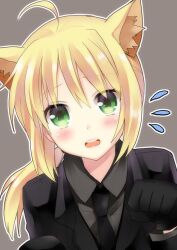  ahoge animal_ears artoria_pendragon_(fate) blonde_hair blush cat_ears commentary_request fate/zero fate_(series) female frown gloves kemonomimi_mode kurot necktie open_mouth paw_pose ponytail saber_(fate) solo sweatdrop 