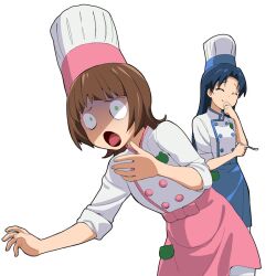  2girls :o a1_(initial-g) amami_haruka apron blue_hair brown_hair chef_hat closed_eyes constricted_pupils giggling hat holding holding_spoon idolmaster idolmaster_(classic) kisaragi_chihaya long_hair multiple_girls open_mouth photoshop_(medium) short_hair simple_background sleeves_pushed_up spicy spoon toque_blanche turn_pale voice_actor_connection wide-eyed 