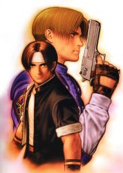  2boys capcom_vs_snk crossover curtained_hair desert_eagle fingerless_gloves gloves gun handgun kusanagi_kyou leon_s._kennedy male_focus mori_toshiaki multiple_boys resident_evil resident_evil_2 the_king_of_fighters weapon 