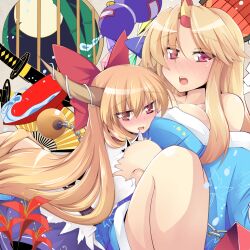  2girls bad_id bad_pixiv_id bare_shoulders blonde_hair blush bow breasts chains commentary_request cup flower folding_fan gourd hairbow hand_fan highres horn_ornament horn_ribbon horns hoshiguma_yuugi hoshiguma_yuugi_(kimono) ibuki_suika japanese_clothes kazami_chiu kimono large_breasts long_hair looking_at_viewer multiple_girls off_shoulder open_mouth pink_eyes red_eyes ribbon sakazuki scabbard setsubun sheath shirt single_horn skirt sleeveless sleeveless_shirt sword touhou weapon yuri 