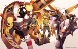  2boys bad_id bad_pixiv_id brown_eyes brown_hair claws digimon digimon_(creature) digimon_adventure gloves goggles hajime_(hajime-ill-1st) helmet horns ishida_yamato metalgarurumon multiple_boys purple_eyes red_hair short_hair wargreymon yagami_taichi yellow_eyes 