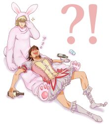  !? 2boys :d alcohol animal_costume barnaby_brooks_jr. blonde_hair bobby_socks brown_hair commentary_request cosplay dress drooling drunk facial_hair glasses gloves green_eyes kaburagi_t._kotetsu kaname_madoka kaname_madoka_(cosplay) kaname_madoka_(magical_girl) magical_girl mahou_shoujo_madoka_magica mahou_shoujo_madoka_magica_(anime) multiple_boys no_shoes open_mouth rabbit_costume shiita_k03 single_glove sleeping smile socks stubble tiger_&amp;_bunny 