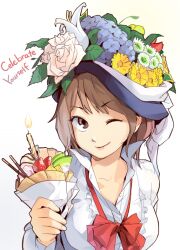  amado_(shin) brown_eyes brown_hair candle commentary_request crepe female fire flower food food_wrapper fruit melon one_eye_closed original pocky ribbon short_hair single_flame smile solo strawberry 