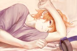  1boy 3838383 alternate_hairstyle arm_up hair_down hands headphones headphones_removed lying male_focus on_side orange_hair pillow red_eyes sakuraba_neku shirt solo subarashiki_kono_sekai t-shirt 