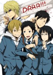  4boys arm_around_neck bad_id bad_pixiv_id bag black_hair blazer blonde_hair blood blush bob_cut cigarette copyright_name durarara!! earrings female glasses grin hand_in_pocket hand_on_own_face heiwajima_shizuo hitting i-beam jacket jewelry kida_masaomi light_smile multiple_boys official_style one_eye_closed open_mouth orihara_izaya raira_academy_school_uniform ring ryuugamine_mikado school_bag school_uniform short_hair smile smoking sonohara_anri su_(113232) sunglasses 