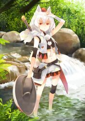  adapted_costume animal_ears bag bandages commentary_request female hand_on_forehead hao_(patinnko) hat inubashiri_momiji midriff navel photoshop_(medium) red_eyes river satchel scabbard sheath shield short_hair shorts solo stone sword tail tokin_hat touhou wading water weapon white_hair white_shorts wolf_ears wolf_tail 