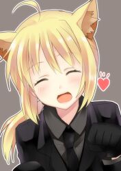  ahoge animal_ears artoria_pendragon_(fate) cat_ears closed_eyes commentary_request fate/zero fate_(series) female gloves heart kemonomimi_mode kurot necktie open_mouth paw_pose ponytail saber_(fate) smile solo 