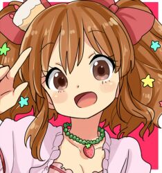  :d bad_id bad_pixiv_id blush bow brown_eyes brown_hair female hair_ornament hairbow hairclip idolmaster idolmaster_cinderella_girls jewelry long_hair lowres moroboshi_kirari necklace open_mouth smile solo star_(symbol) star_hair_ornament sukoyaka_(100hituzi) twintails wavy_hair 