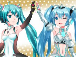  2girls alternate_costume aqua_eyes aqua_hair arm_up armpits bad_id bad_pixiv_id bare_shoulders black_gloves dual_persona elbow_gloves fingerless_gloves gloves goodsmile_racing hatsune_miku headphones high_five long_hair multiple_girls navel one_eye_closed orebelt race_queen racing_miku racing_miku_(2011) racing_miku_(2012) smile twintails upper_body very_long_hair vocaloid 