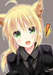  ! ahoge animal_ears artoria_pendragon_(fate) blonde_hair cat_ears commentary_request fate/zero fate_(series) female gloves kemonomimi_mode kurot necktie open_mouth paw_pose ponytail saber_(fate) solo 