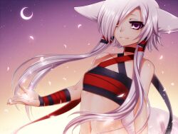  aika_(konshin) animal_ears bare_shoulders commentary_request crescent_moon female fox_ears fox_tail konshin long_hair midriff moon navel original purple_eyes short_hair_with_long_locks solo tail white_hair 