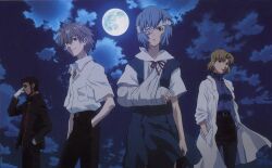  3boys adjusting_eyewear akagi_ritsuko arm_sling ayanami_rei bandage_over_one_eye bandages beard black_hair blonde_hair blue_hair cloud dress facial_hair female formal from_below full_moon glasses grey_hair hand_in_pocket ikari_gendou imageboard_desourced lab_coat moon multiple_boys nagisa_kaworu neon_genesis_evangelion non-web_source official_art pantyhose pencil_skirt school_uniform short_hair skirt sky suit wind 