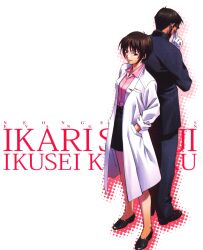  1boy absurdres adjusting_eyewear back-to-back beard blouse brown_hair couple facial_hair female formal glasses gloves hands_in_pockets height_difference highres husband_and_wife ikari_gendou ikari_shinji_raising_project ikari_yui imageboard_desourced lab_coat neon_genesis_evangelion non-web_source official_art pencil_skirt shirt short_hair skirt straight suit takahashi_osamu white_gloves 