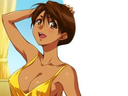  bare_shoulders breasts brown_eyes brown_hair cleavage covered_nipples dark-skinned_female dark_skin earrings female hairu jewelry large_breasts no_bra short_hair smile solo super_real_mahjong toono_mizuki 