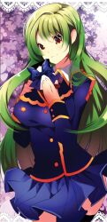  alternate_costume bad_id bad_pixiv_id blazer border bow female gift green_hair holding jacket kochiya_sanae lace lace_border long_hair long_sleeves multicolored_eyes ornate_border photoshop_(medium) pleated_skirt roh_nam_kyung school_uniform skirt smile solo touhou valentine yellow_eyes 