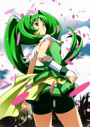  bad_id bad_pixiv_id bike_shorts bike_shorts_under_skirt circlet cure_march female green_eyes green_hair green_skirt green_theme high_ponytail highres long_hair magical_girl midorikawa_nao nyoro_(nyoronyoro000) petals photoshop_(medium) ponytail precure skirt smile_precure solo tri_tails wide_ponytail wrist_cuffs 