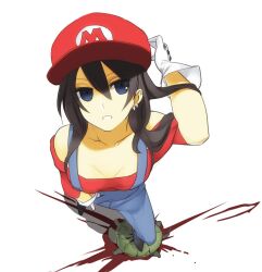  bad_id bad_pixiv_id black_hair blood blue_eyes duplicate female from_above genderswap_(mtf) gloves hat long_hair mario mario_(series) off-shoulder_shirt off_shoulder open_mouth overalls photoshop_(medium) poaro rule_63 shirt simple_background solo stomping studded_gloves turtle white_background 