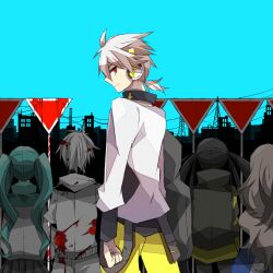  2boys 3girls amamiya_hibiya aqua_hair arrow_(symbol) arrow_print bad_id bad_pixiv_id black_skirt blood blood_on_clothes blue_dress blue_sky cityscape clenched_hand closed_mouth collared_jacket creator_connection day dress ene_(kagerou_project) enomoto_takane facing_away from_behind grey_hair grey_jacket headphone_actor_(vocaloid) high_collar hood hood_down hood_up hoodie jacket jinzou_enemy_(vocaloid) kagerou_days_(vocaloid) kagerou_project kido_tsubomi konoha_(kagerou_project) konoha_no_sekai_jijou_(vocaloid) kozakura_marry layered_sleeves long_sleeves looking_at_viewer looking_back multicolored_clothes multicolored_jacket multiple_boys multiple_girls neck_warmer outdoors pants partially_colored pleated_skirt power_lines red_eyes road_sign shirt short_hair short_ponytail sideways_glance sign skirt sky sleeveless sleeveless_hoodie solo_focus souzou_forest_(vocaloid) stop_sign transmission_tower tsurime twintails two-tone_jacket upper_body wavy_hair white_hair white_shirt window yellow_jacket yellow_pants yuzuru_(xxelysionxx) 