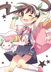  :3 backpack bad_id bad_pixiv_id bag bakemonogatari bandaid bandaid_on_knee bandaid_on_leg black_hair blush female green_ribbons hachikuji_mayoi hair_ribbon hairband katou_emiri kyuubee looking_at_viewer mahou_shoujo_madoka_magica mahou_shoujo_madoka_magica_(anime) monogatari_(series) oerba_yun_fang one_eye_closed open_mouth photoshop_(medium) red_eyes ribbon school_uniform sie-sie skirt star_(symbol) twintails voice_actor_connection white_background 