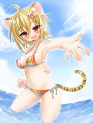  :d ahoge animal_ears bikini blonde_hair blush breasts brown_eyes commentary_request female foreshortening hair_ornament hairpin highres inuue_kiyu large_breasts looking_at_viewer navel oerba_yun_fang open_mouth original outstretched_arm outstretched_hand short_hair side-tie_bikini_bottom smile solo sparkle strap_gap sunlight swimsuit tail tiger_ears tiger_tail wading water 