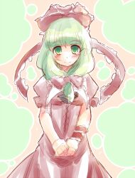  arm_ribbon blush bow commentary_request female frills front_ponytail green_eyes green_hair hair_ribbon hairbow hakano_shinshi kagiyama_hina long_hair looking_at_viewer ribbon smile solo touhou v_arms 