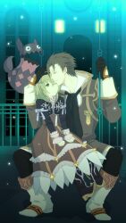  1boy alvin_(tales) alvin_(tales_of_xillia) blonde_hair blue_eyes boots brown_hair coat doll dress elise_lutus elize_lutus female frills green_eyes ribbon scarf swing tales_of_(series) tales_of_xillia teepo_(tales) tippo 