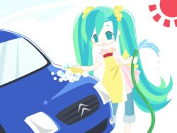  apron bebe_(bebehappo) blue_car blush_stickers car commentary_request denim dual_wielding female green_eyes green_hair hatsune_miku holding holding_hose holding_sponge hose jeans long_hair motor_vehicle pants smile soap_bubbles solo sponge twintails very_long_hair vocaloid washing_vehicle water 