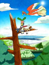  ! 1boy ^^^ backwards_hat bag bare_tree baseball_cap bird blue_sky commentary_request day ethan_(pokemon) exhausted facing_away flying foot_dangle furret hat hitchhiking ho-oh hoppip horizon hot in_tree kariha long_sleeves looking_to_the_side murkrow ocean on_head outstretched_arm pokemon pokemon_(creature) pokemon_hgss pokemon_on_head quilava scenery shoes shoulder_bag sitting sky squiggle sweat thumbs_up tree 